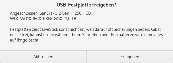 Die Frage „USB-Festplatte freigeben?“