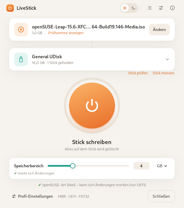 Das Hauptfenster von Rikus LiveStick: ISO-Datei gewählt, USB-Stick erkannt, großer Knopf „Stick schreiben“ und Regler für den Speicherbereich