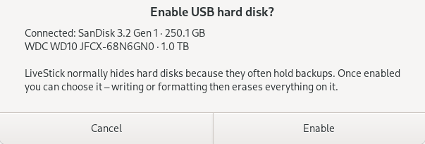 The question “Enable USB hard disk?”