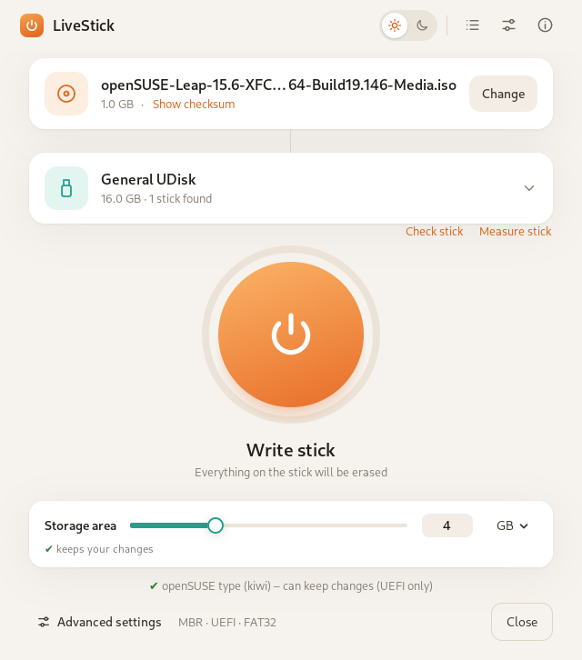 The Rikus LiveStick main window: ISO file chosen, USB stick detected, a big “Write stick” button and a slider for the storage area