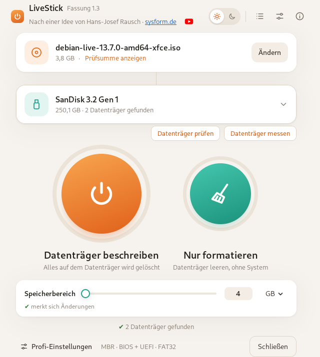 Das Fenster von Rikus LiveStick 1.3 in hell