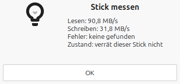 Ergebnis von „Stick messen“: Lese- und Schreibgeschwindigkeit des USB-Sticks und ob Fehler gefunden wurden