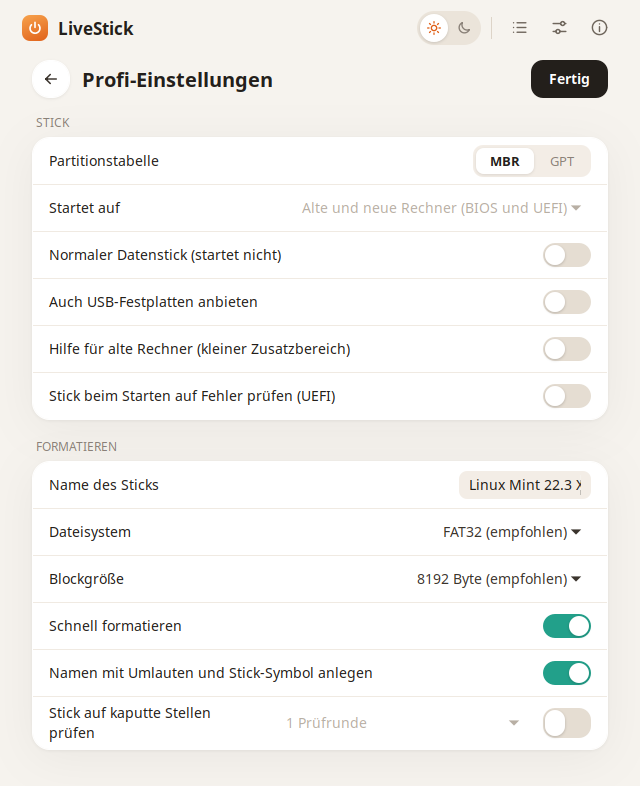 Die Profi-Einstellungen von Rikus LiveStick: Partitionstabelle, Startart, Dateisystem, Name des Sticks und Prüfung auf kaputte Stellen